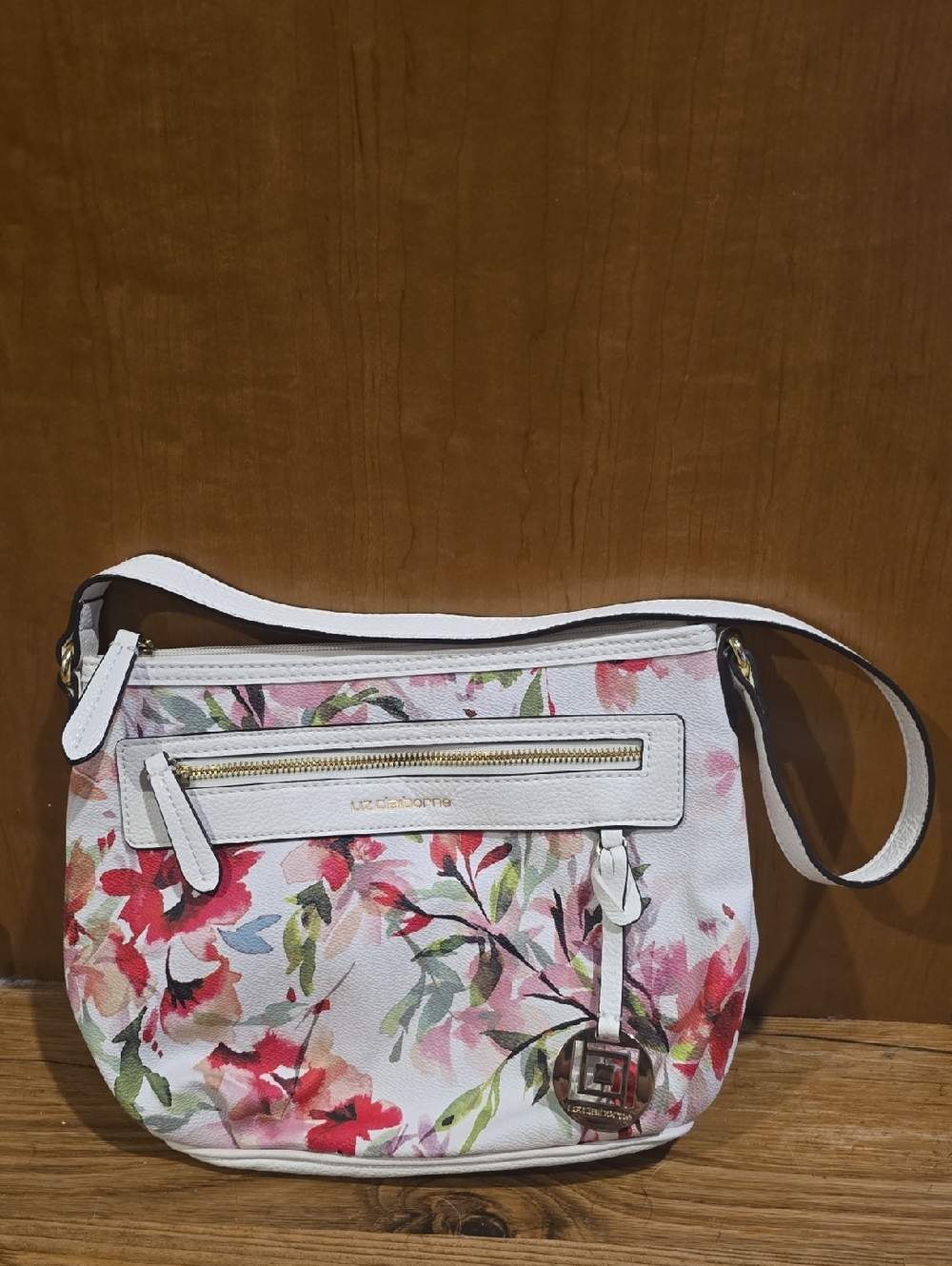 Liz Claiborne White Floral Crossbody with Pink & Green Accents